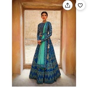 Teal blue Indian silk real mirror work lehenga choli